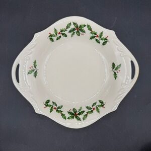 Vintage Lenox Holiday Handled Serving Bowl 8" Holly Berry Gold Trim Scalloped